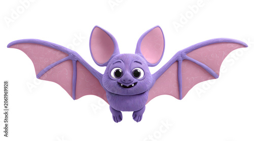 A purple bat character in 3D with spread wings on a white background, rendered professionally and with clay texture