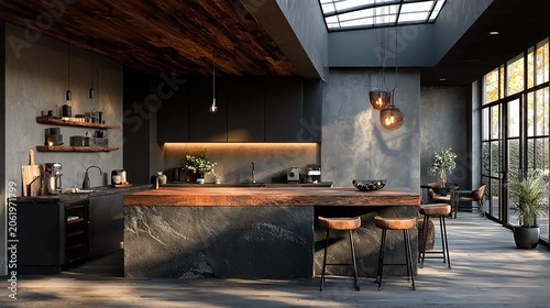 Black and dark wood kitchen built-in furniture, modern home interior, stylish material palette, daylight illumination, minimalist functional design, AI-generated home decor scene