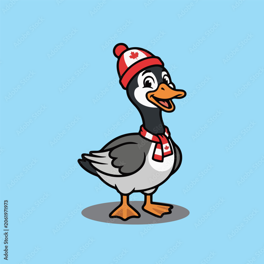 Obraz premium Friendly Canadian Goose Cartoon Character Wearing a Warm Winter Hat and Scarf Illustration