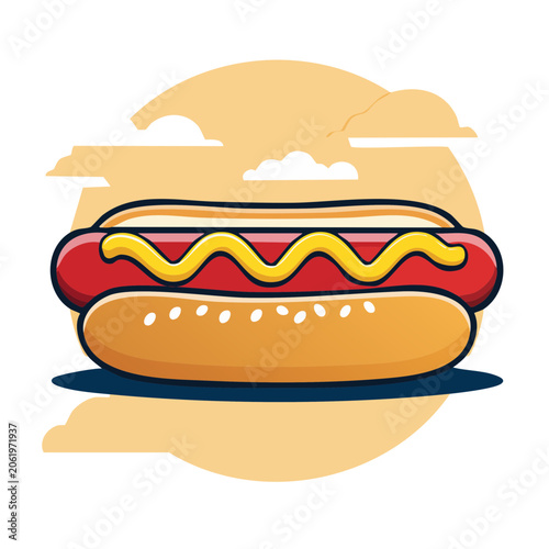 Flat design illustration of a hot dog with mustard
