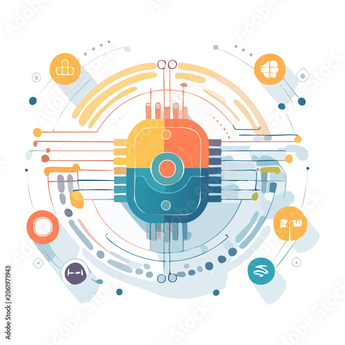 Flat Design Microprocessor Chip with Circuitry and Icons