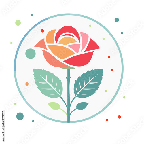 Flat Design Rose Flower with Leaves in Circular Frame