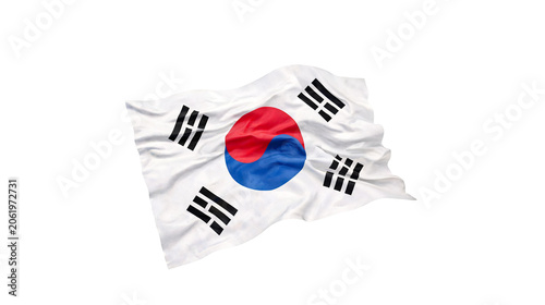 South korean flag, south korea, waving flag, national symbol, realistic fabric texture, patriotic, asia, pride, state emblem, symbol of korea, digital art, high resolution.