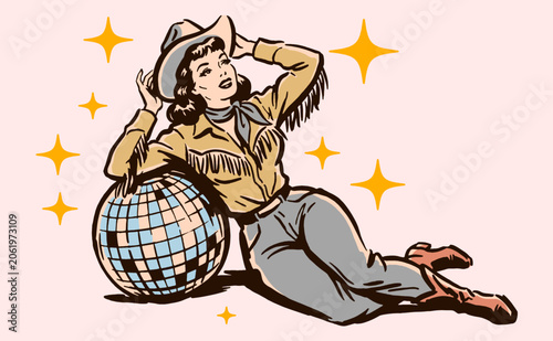 Canvas Print Vintage cowgirl with disco ball and stars illustration