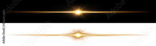 Gold horizontal light streak centered with an intense sharp diamond starburst flare for premium corporate awards and luxury brand asset decorations with transparent background.