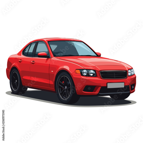 A vibrant red sedan car isolated on a white background.