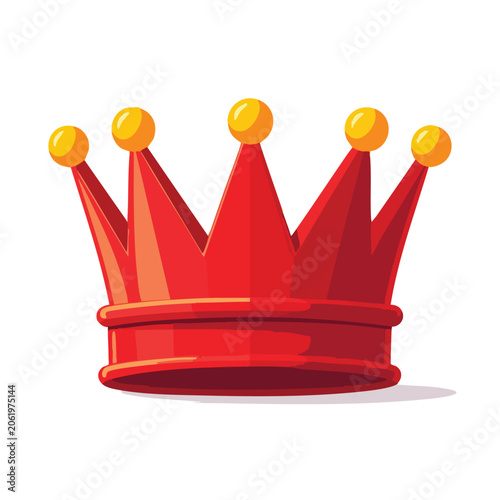 A vibrant red royal crown with gold spheres on top isolated on a white background.
