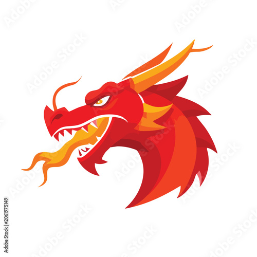 Stylized red dragon head mascot breathing fire illustration.