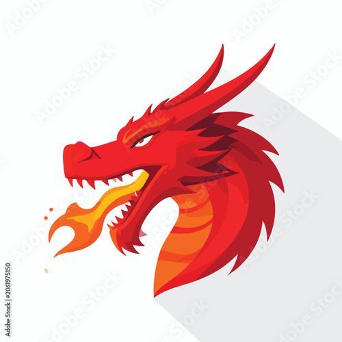 Illustration of a fierce red dragon head breathing fire.