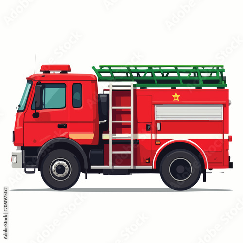 Modern red fire truck side view isolated on white background.