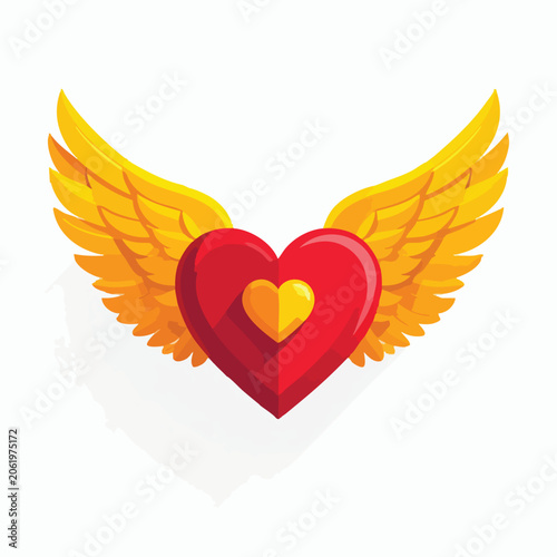 Vibrant Red Heart with Golden Angel Wings Icon Illustration.
