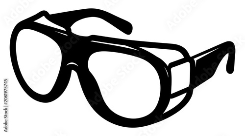 A bold black and white vector illustration of protective safety glasses featuring a minimalist design and thick contour lines