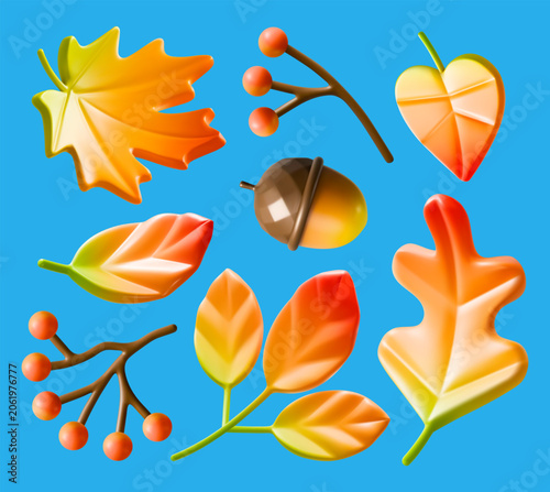 3d autumn leaves vector fall foliage icon set
