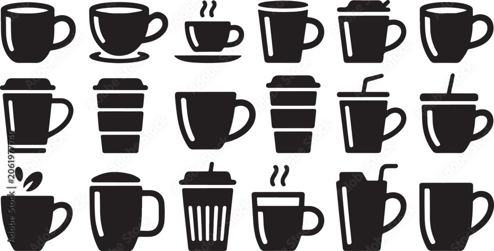 Obraz premium Set of black coffee cup and drink mug icons for cafe menu or restaurant design isolated on transparent background, Vector