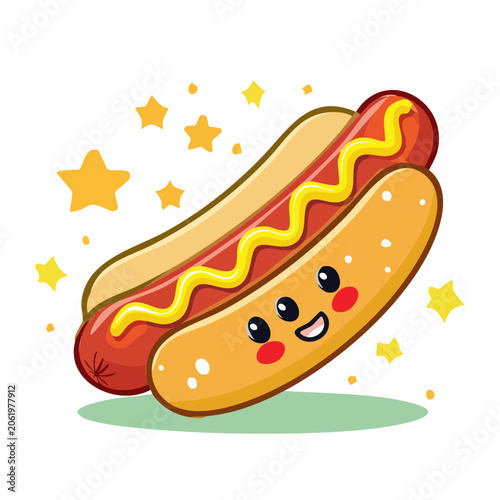 Flat design cartoon hot dog with stars