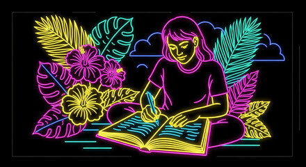 Woman reading book surrounded by neon plants and flowers.