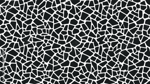 Seamless pattern featuring a geometric mosaic of black polygons separated by thick white lines creating a grid like structure on a flat surface