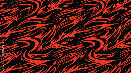 Seamless repeating pattern of stylized red flame shapes on a black background, tribal motif for sportswear and automotive decals