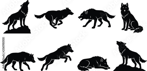 Schilderij op canvas Set of black wolf silhouettes featuring different poses like howling, running, s