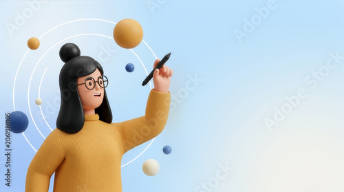 3D cartoon woman holding stylus among floating spheres on blue background
