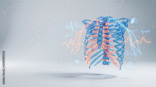 Holographic blue human rib cage with glowing EKG lines on a gray background