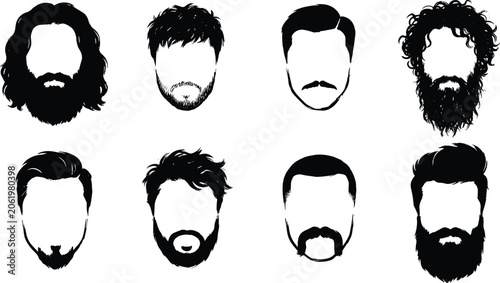 Collection of men hairstyles and beard styles silhouettes featuring various cuts and facial hair types on a white background