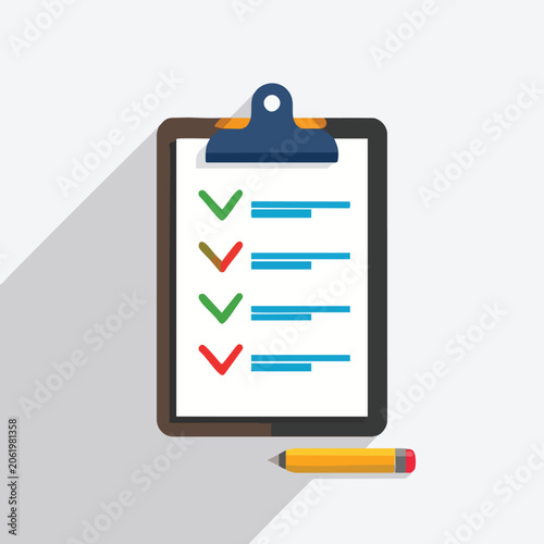 Clipboard with checkmarks and a yellow pencil on a white background.