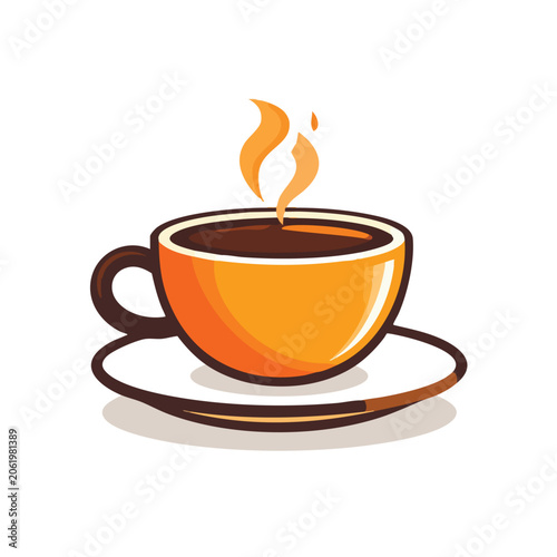 Stylized orange coffee cup with steaming hot beverage on a saucer.