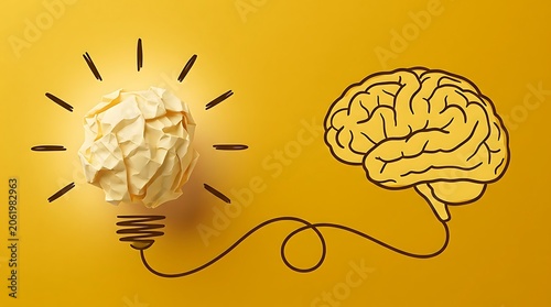 Crumpled paper light bulb connected to a stylized brain, symbolizing a powerful new idea emerging from creative thought.