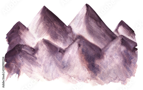 Watercolor purple ink grunge hand painting mountains illustration. Watercolour brush stroke textured maroon hill landscape isolated on white background, outdoor travel concept, paint peak boarder