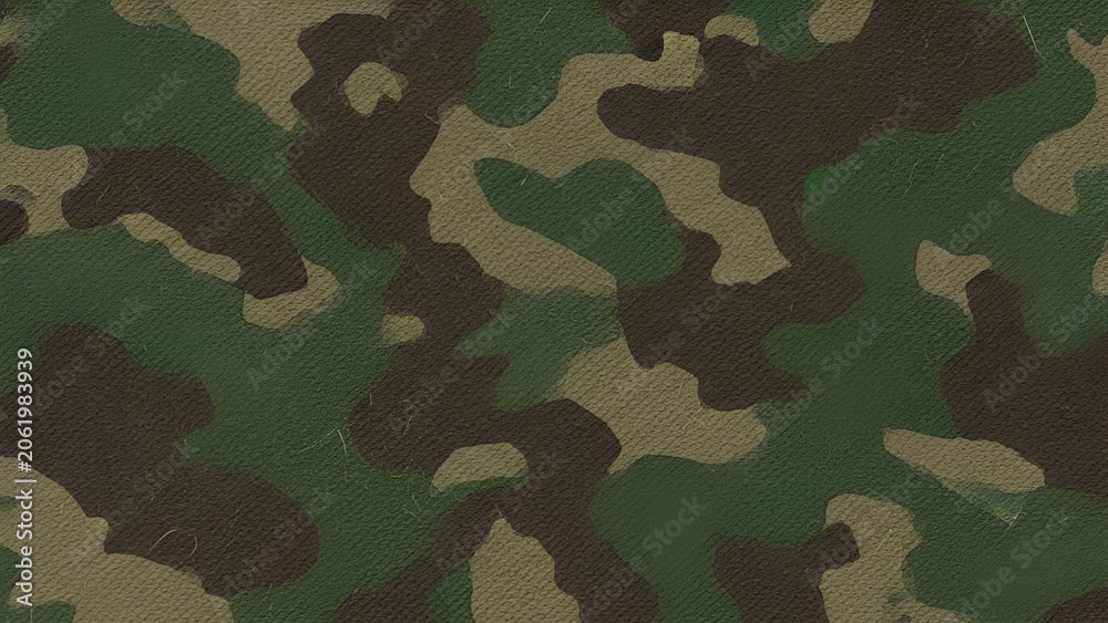 Fototapeta premium Green and brown camouflage pattern on textured fabric background with abstract shapes and military inspired design elements