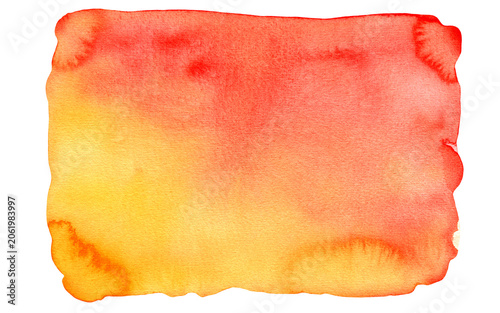 Red orange and yellow watercolour paint gradient textured shape horizontal stain background. Abstract warm colors wash technique watercolor blob for nature heat concept, brush stroke texture