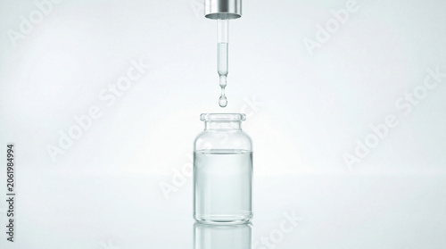 Clear sample vial with pipette on bright white background