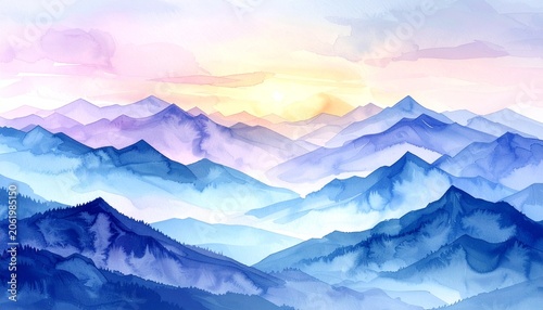 Watercolor Painting of Mountains at Sunset.