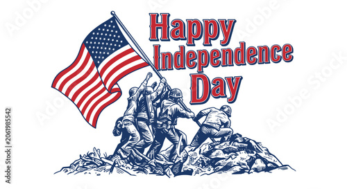 Obraz na płótnie Independence day illustration featuring soldiers raising the american flag patri