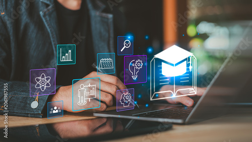 Obraz na plátně Education specialist using online learning technology with digital courses, e learning platform, knowledge management, professional training, remote education, and smart classroom solutions