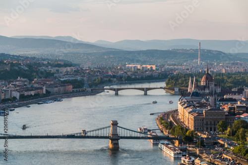 A panorama of Budapest, the capital of Hungary. A view of the famous Chain Bridge (Széchenyi Lánchíd), connecting the historic districts of Buda and Pest. A view of the Hungarian Parliament building.
