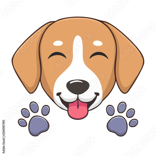 Cartoon Beagle Dog Face with Paw Prints