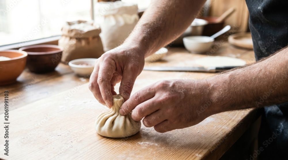 Fototapeta premium Chef hands carefully folding and pinching the top of a traditional large meat dumpling from raw dough