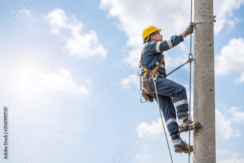 A brave lineman in a yellow hard hat climbs a high concrete utility pole against a bright blue sky, showcasing dedication, hard work, and professional safety in energy maintenance.
