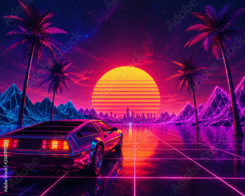 Experience nostalgic freedom in this vibrant synthwave retrowave landscape. A retro sports car drives towards a giant neon sunset amidst grid mountains. Nobody is present.