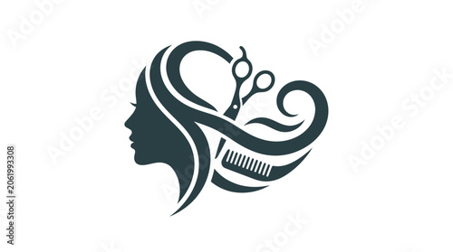Fotografía Hair salon logo featuring female profile and styling tools