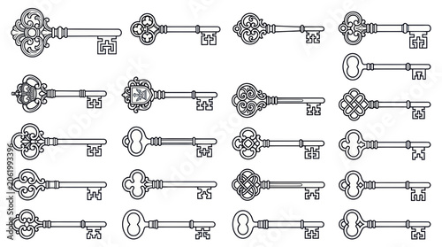 Vintage skeleton keys collection with ornate decorative handles
