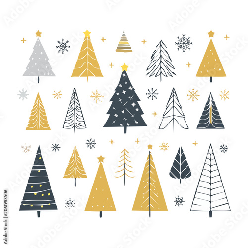 Hand-drawn Christmas trees and snowflakes pattern