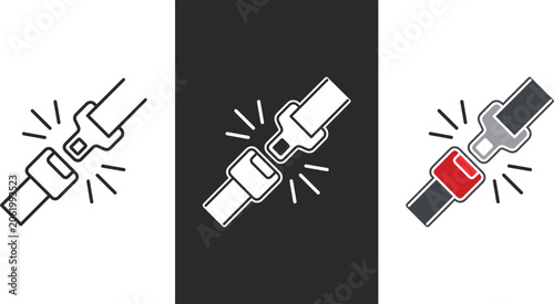 Foto Safety seatbelt icon set showing buckled straps in line art silhouette and color variations