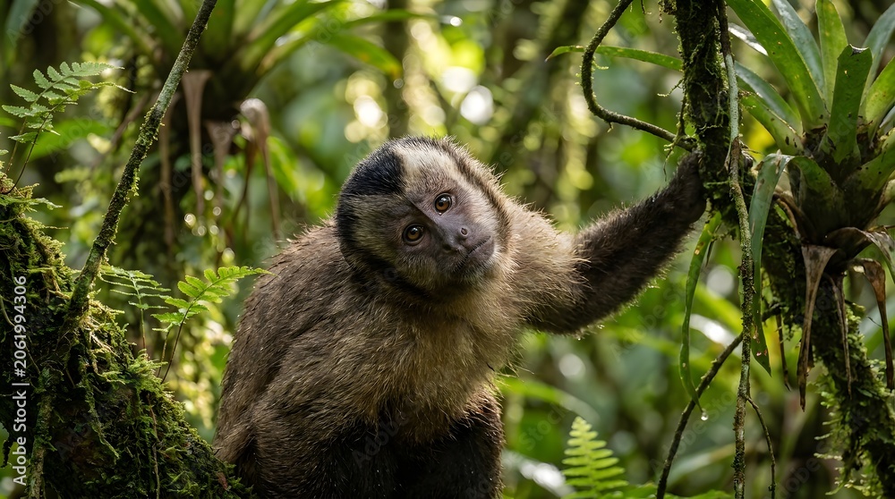 Fototapeta premium Monkey hanging from tree branch jungle.