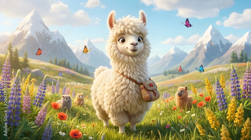 Fototapeta premium 3D Cartoon Llama Character in Mountain Meadow