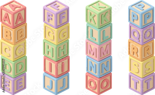 Colorful Alphabet Block Stacks in Row