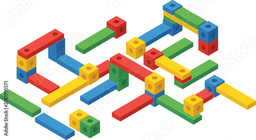 Colorful Building Blocks scattered on white background