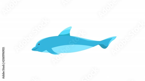 Blue cartoon dolphin swimming, playful marine animal suitable for childrens books, educational materials, marine conservation, and wildlife projects.